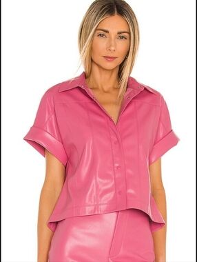 Alice + Olivia Edyth Vegan Leather Button Down in Calypso Pink